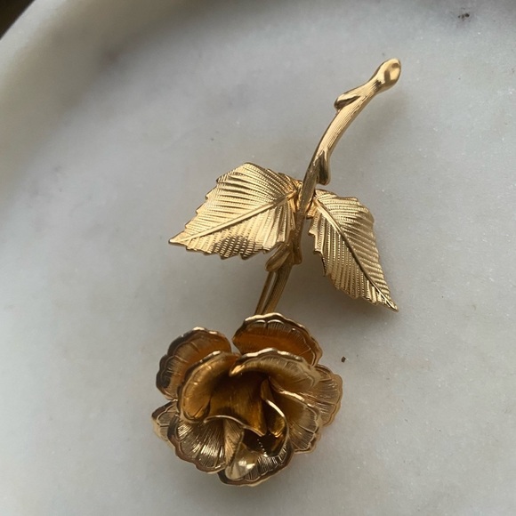 Vintage Gold Toned Red Rose Brooch 2 Inch Flower Pin  Vintage gold tone rose flower pin brooch